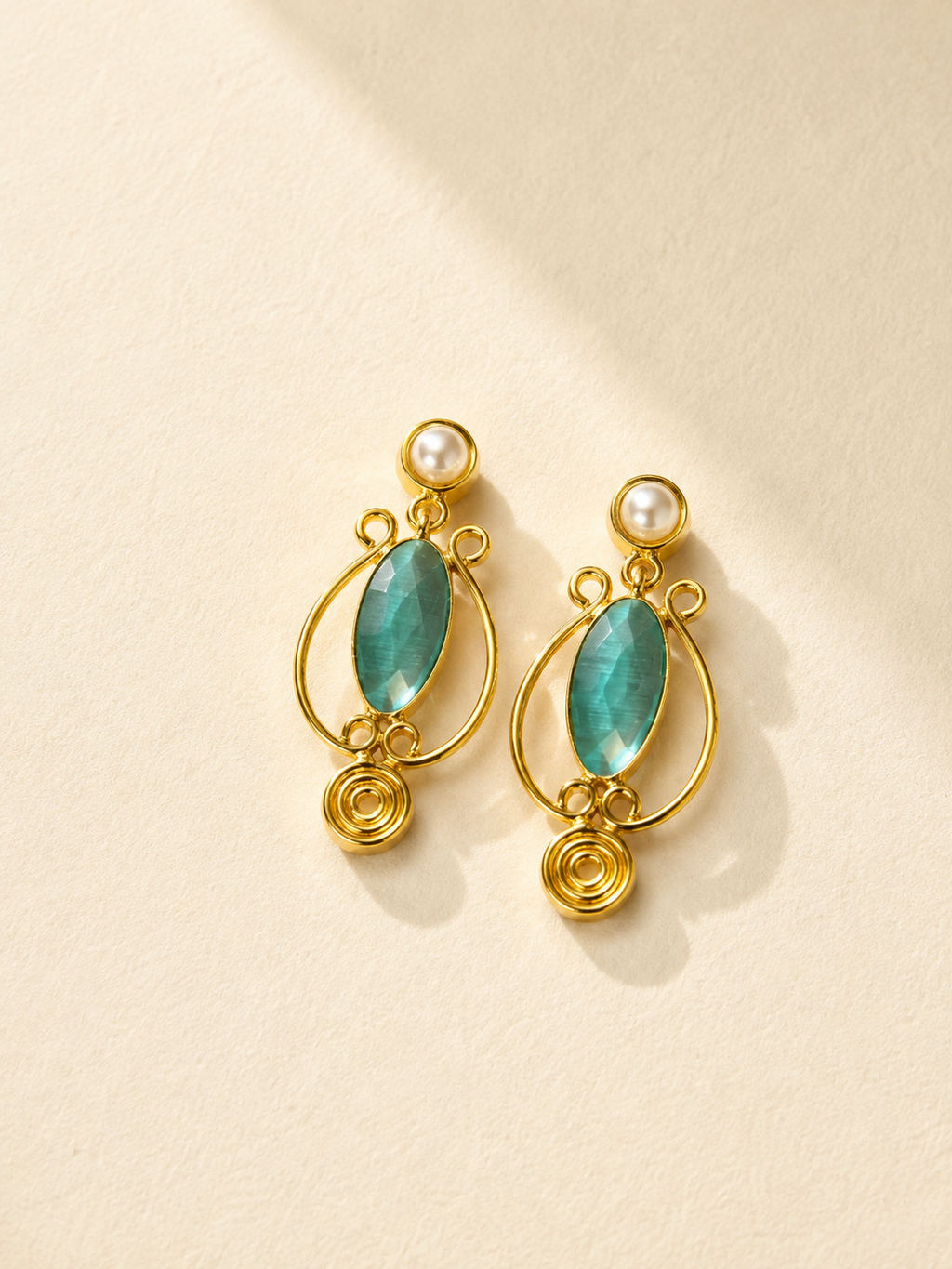 Aqua Blue Stone & Pearl Artistic Drop Earrings