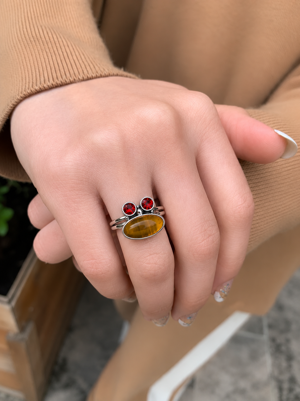 Yellow Onyx, Garnet Quartz Statement Ring