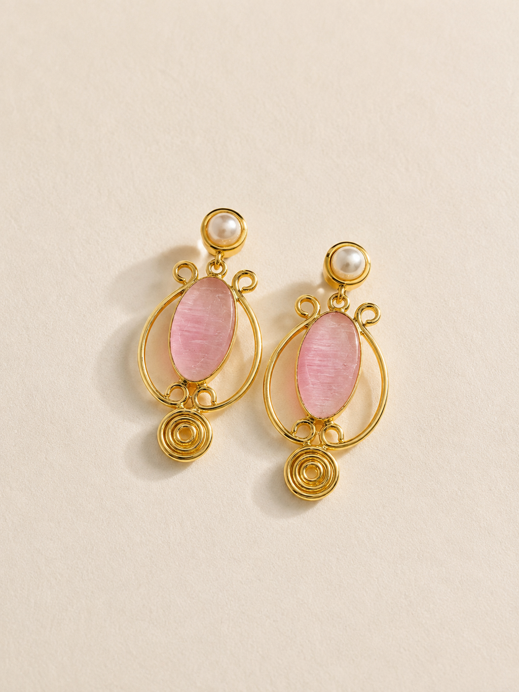Pink Stone & Pearl Artistic Drop Earrings