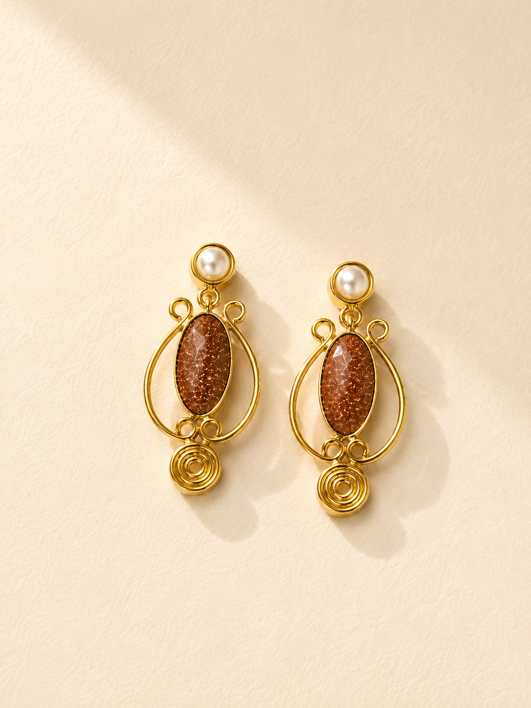 Shimmering Goldstone & Pearl Drop Earrings