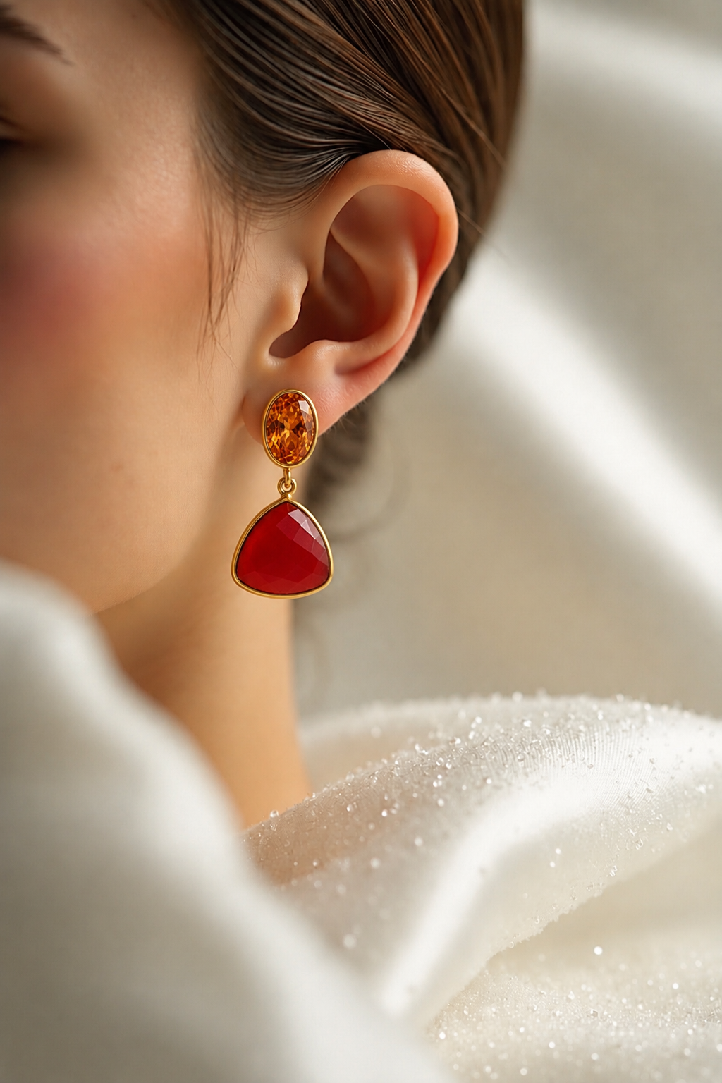 Red Dual-Stone Statement Drop Earrings