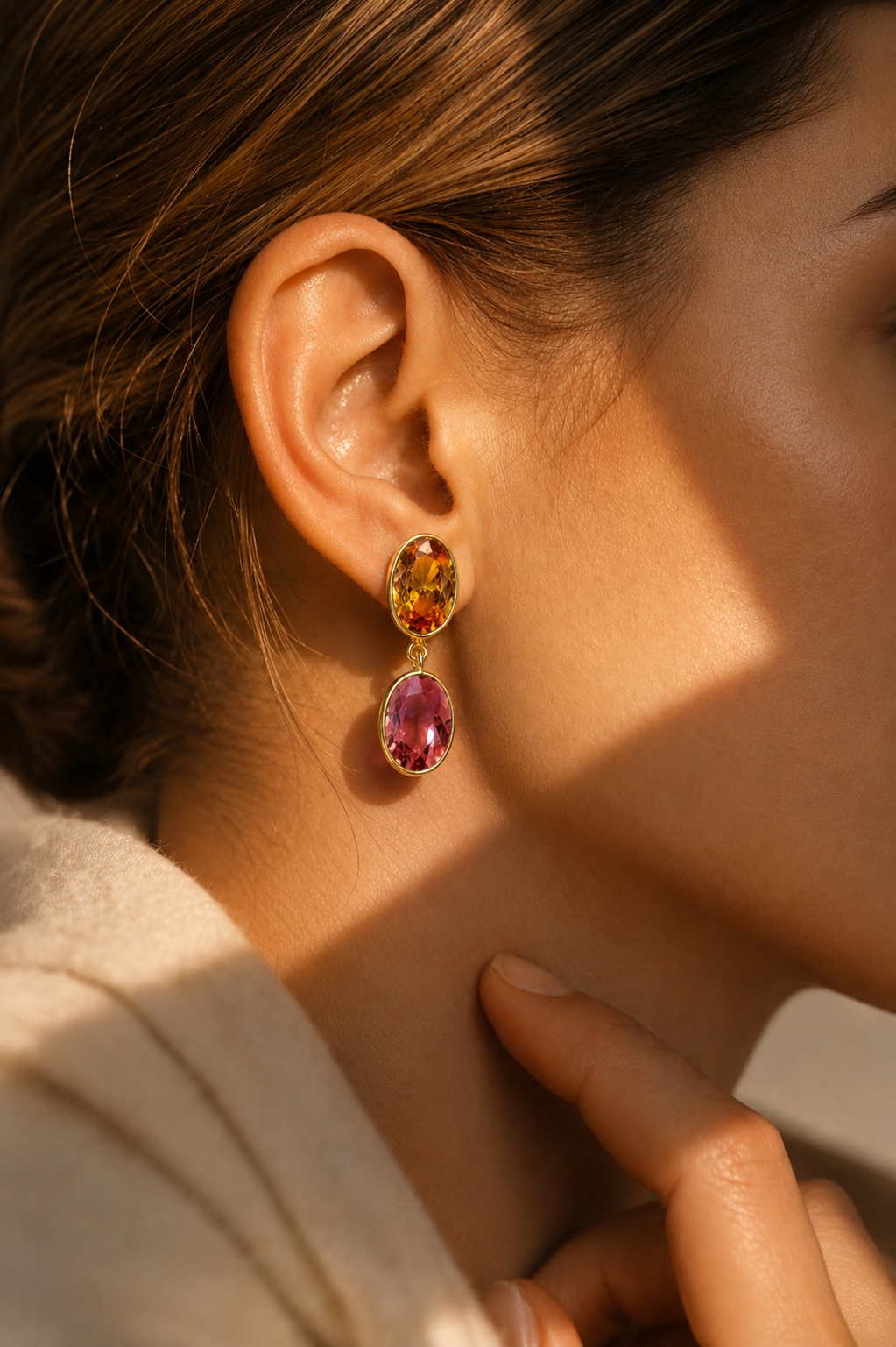 Golden Amber & Rose Pink Dual Stone Earrings