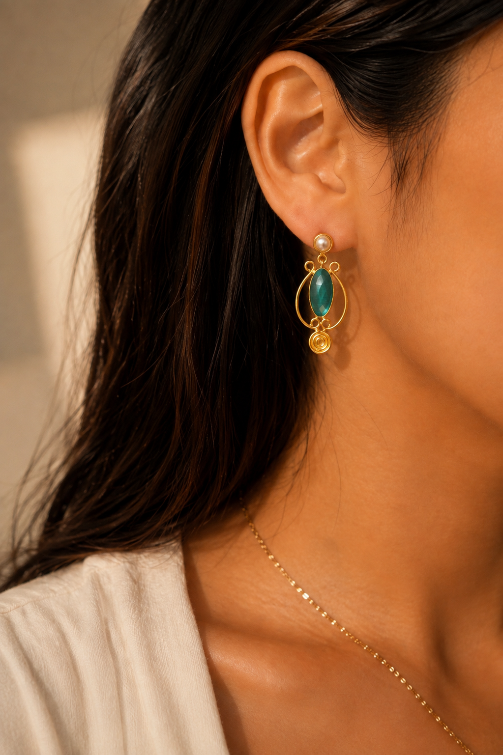 Aqua Blue Stone & Pearl Artistic Drop Earrings
