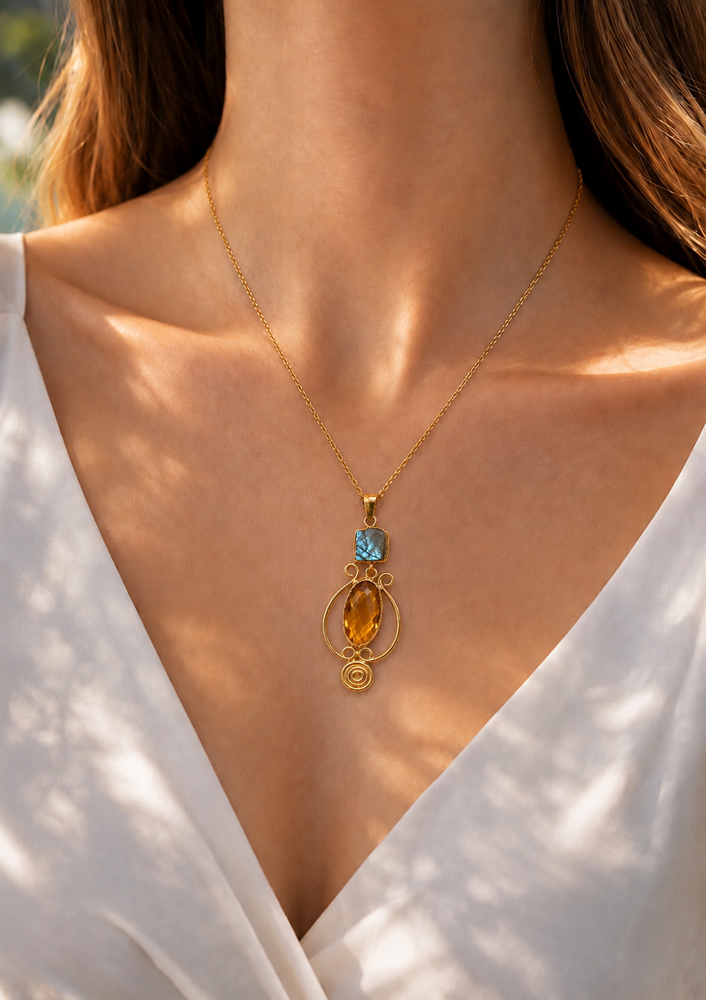 Golden Citrine & Lapis Pendant Necklace