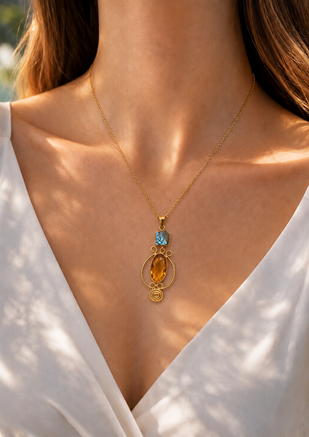 Golden Citrine & Lapis Pendant Necklace