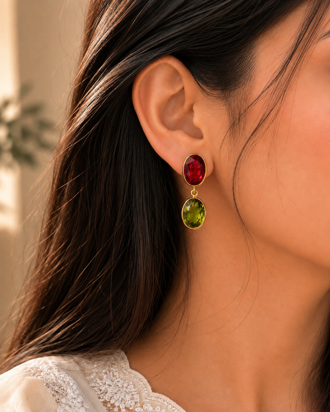 Red & Olive Green Dual Stone Drop Earrings