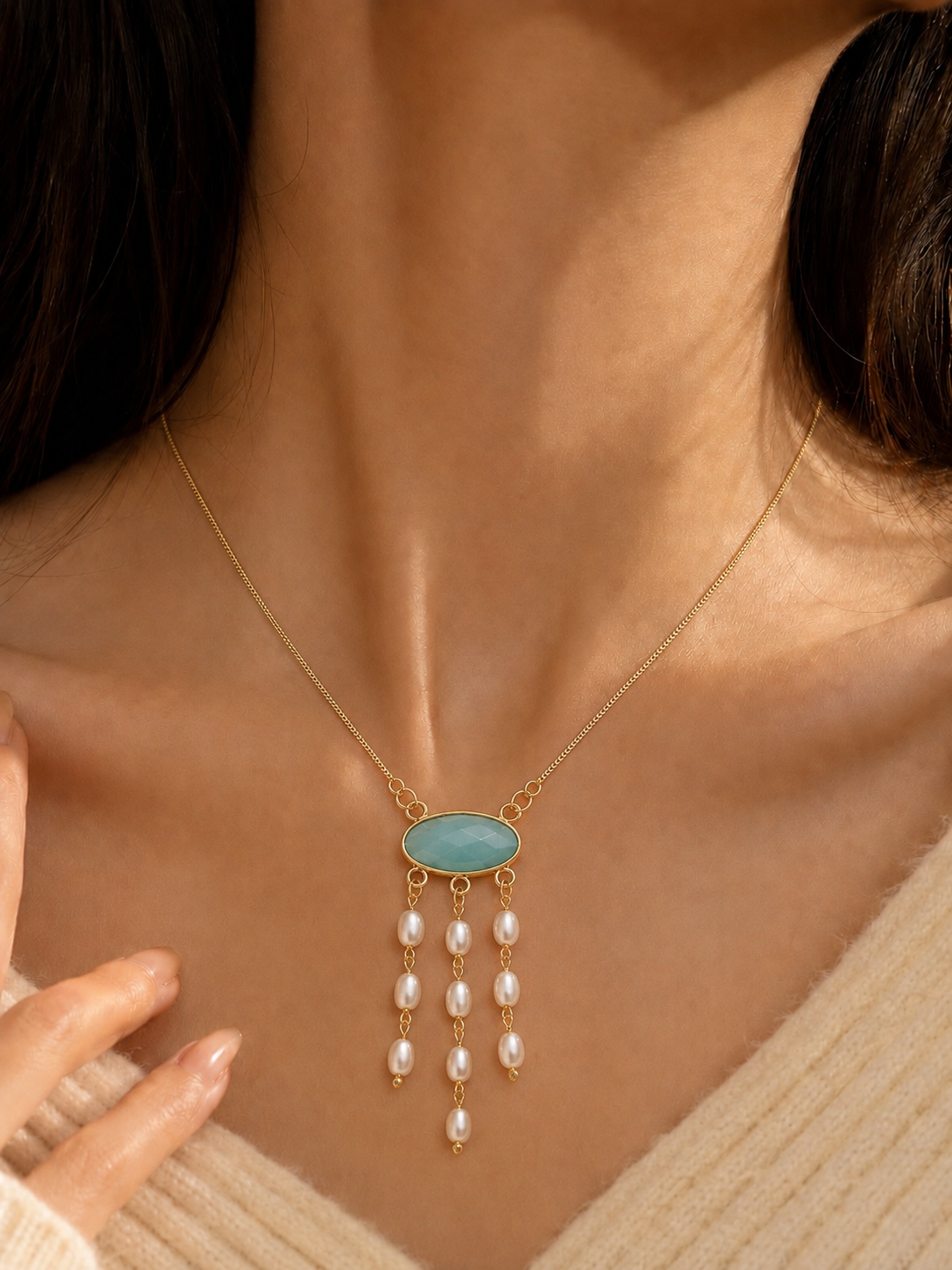 Aqua Stone Pearl Drop Necklace