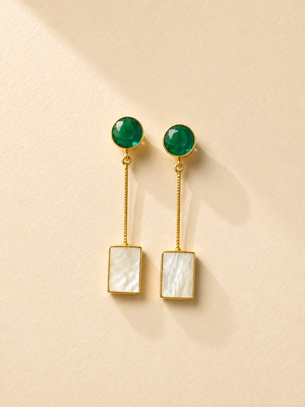 Green Crystal & Mother of Pearl Chain Drop Earrings