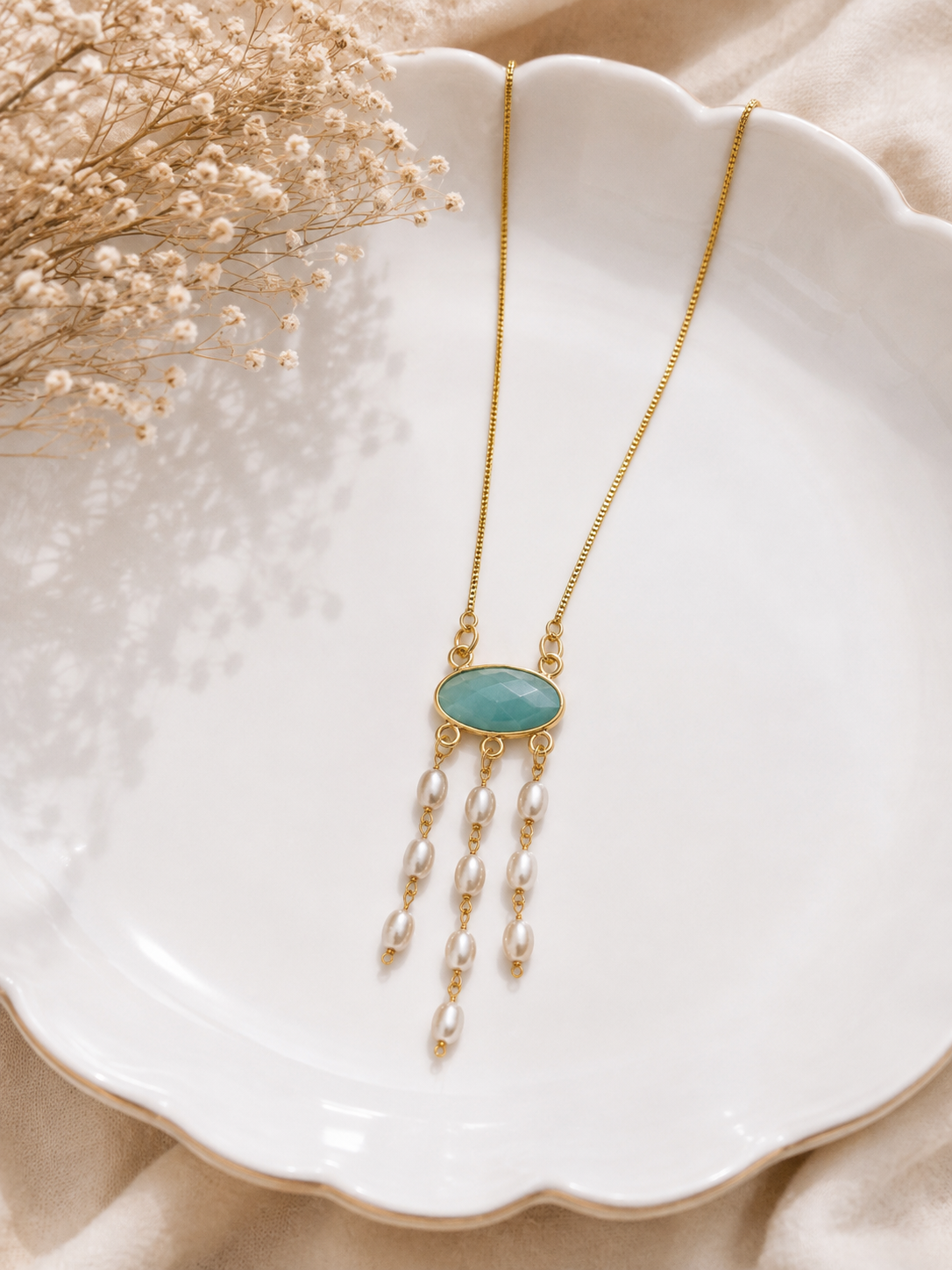 Aqua Stone Pearl Drop Necklace