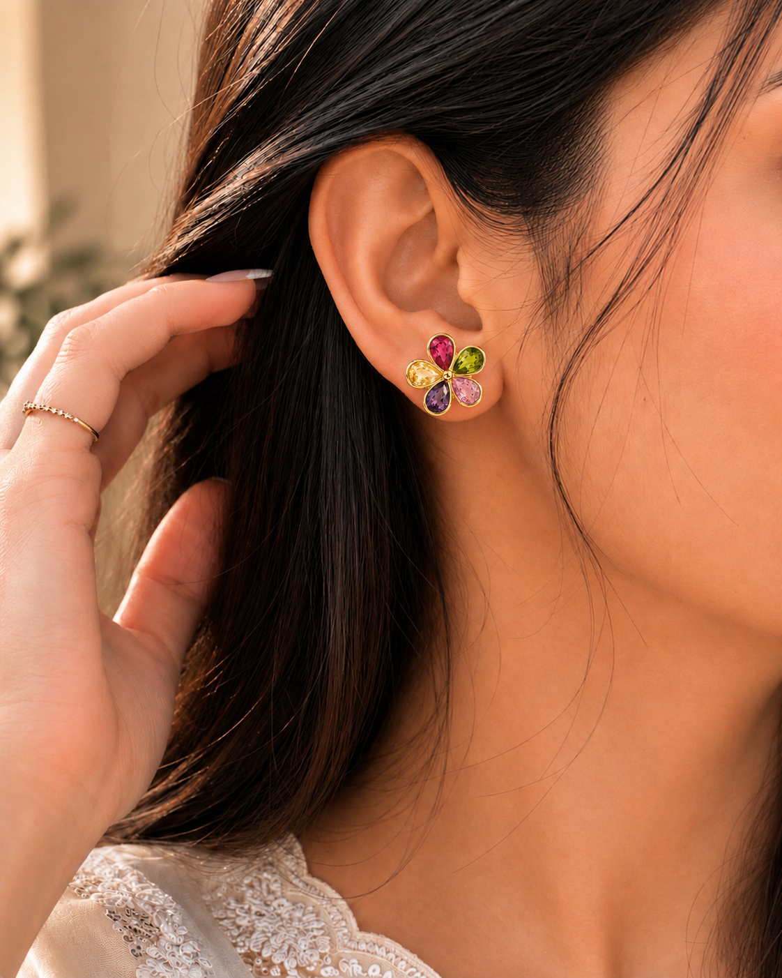 Multicolor Floral Stone Stud Earrings