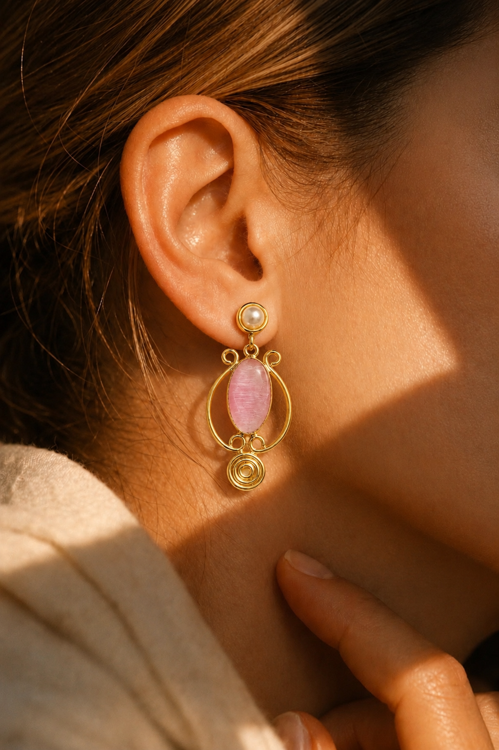Pink Stone & Pearl Artistic Drop Earrings