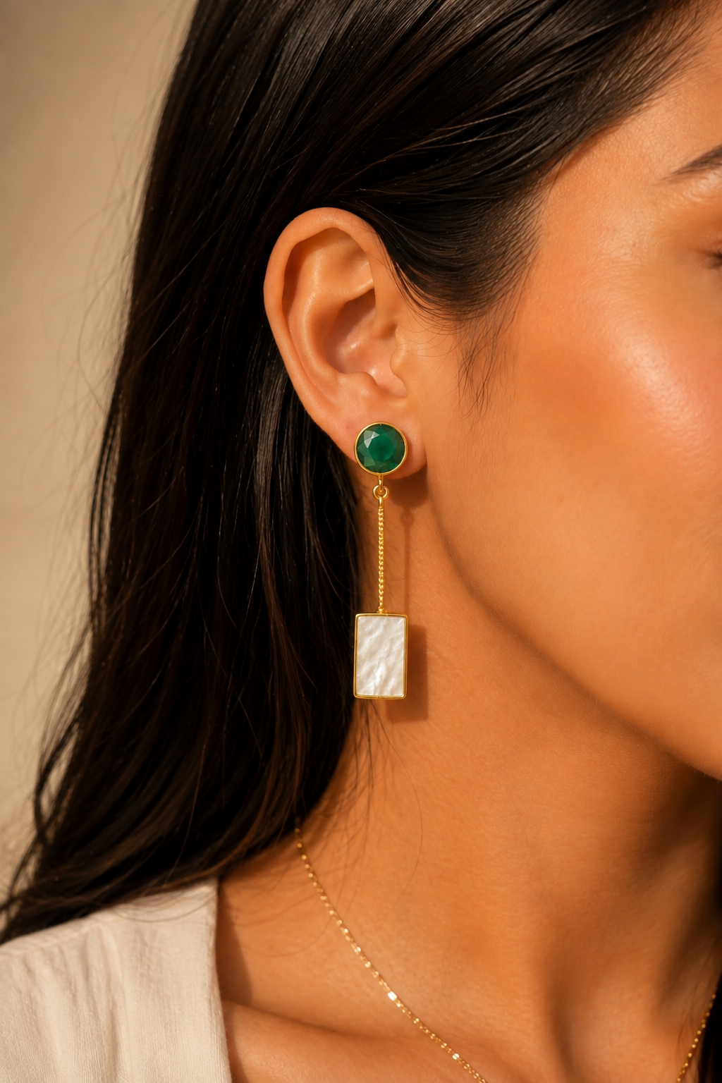 Green Crystal & Mother of Pearl Chain Drop Earrings