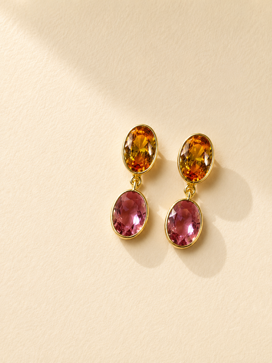 Golden Amber & Rose Pink Dual Stone Earrings