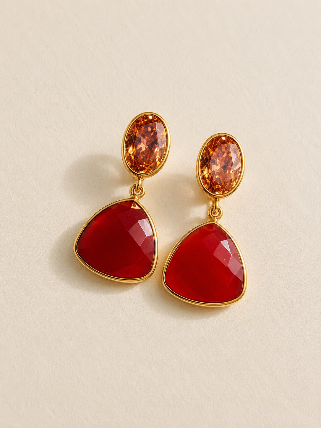 Red Dual-Stone Statement Drop Earrings