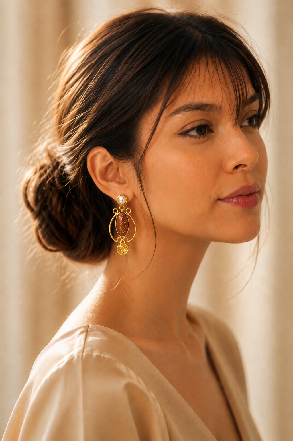 Shimmering Goldstone & Pearl Drop Earrings