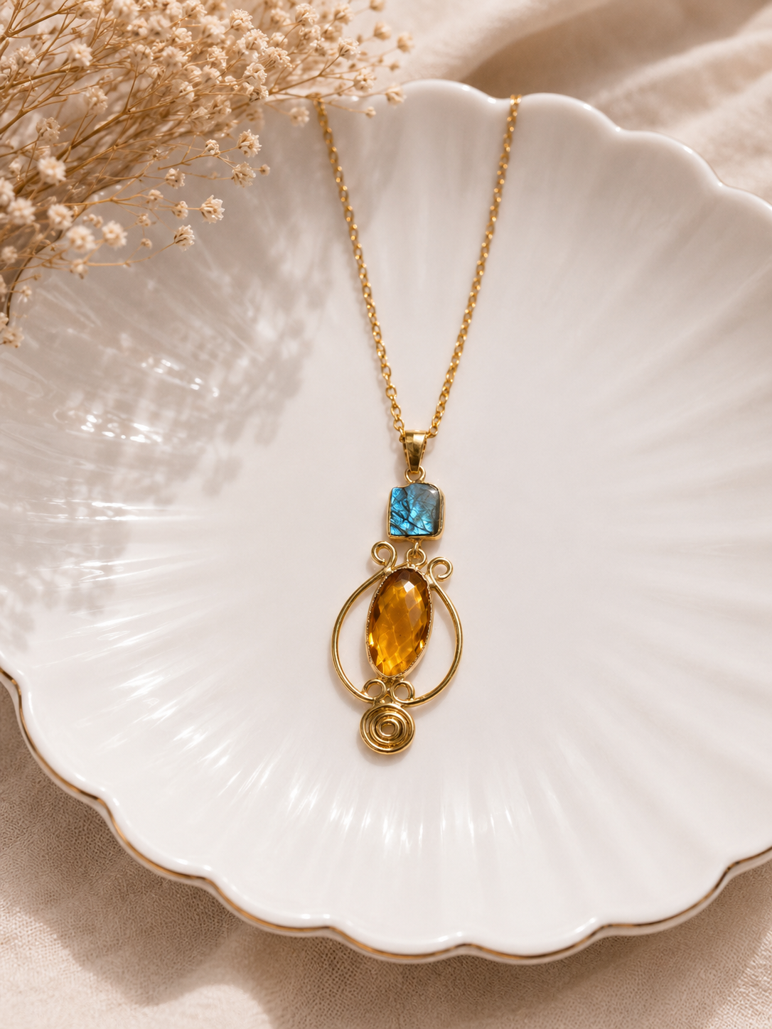 Golden Citrine & Lapis Pendant Necklace