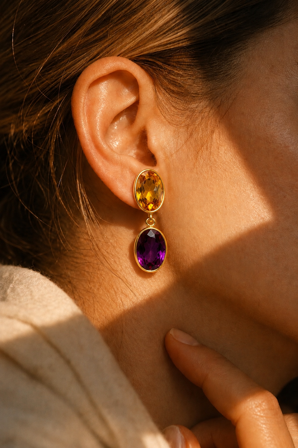 Golden Citrine & Deep Amethyst Drop Earrings